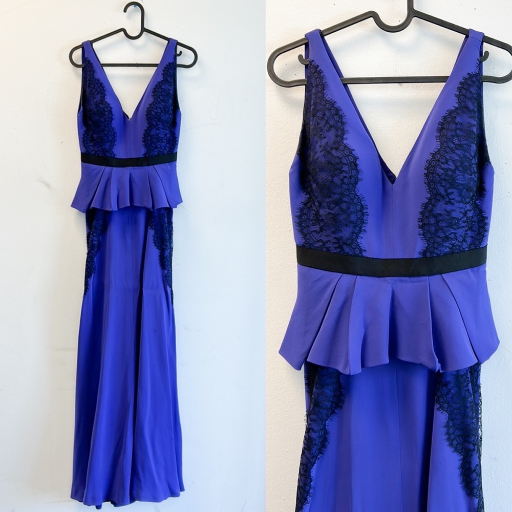 J. Mendel Vibrant Cobalt Maxi Dress with Black Lace Peplum